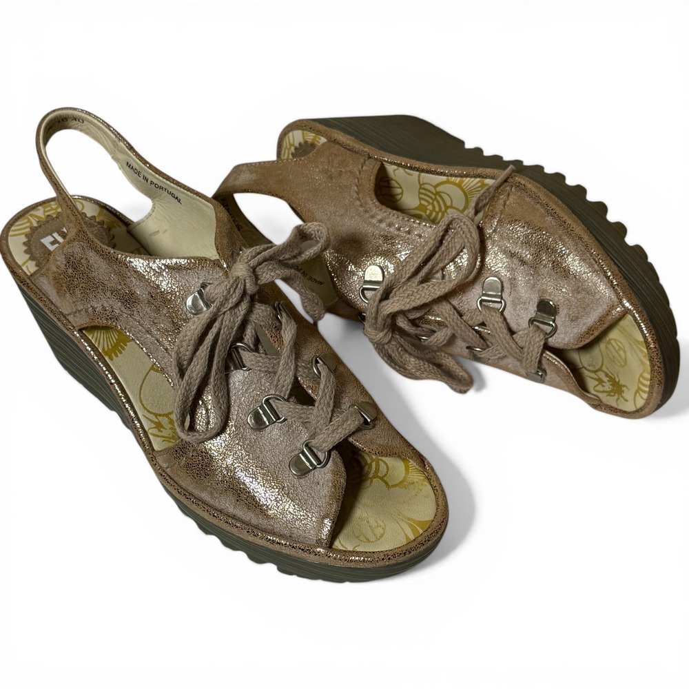 FLY LONDON Ylva Metallic Distressed Leather Wedge Sandals Lace Up EU 40 Size 9